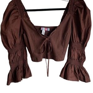 Brown Ribbed Puff Sleeve Crop Top Raw‎ Outfitters Urban Outfitters S Small